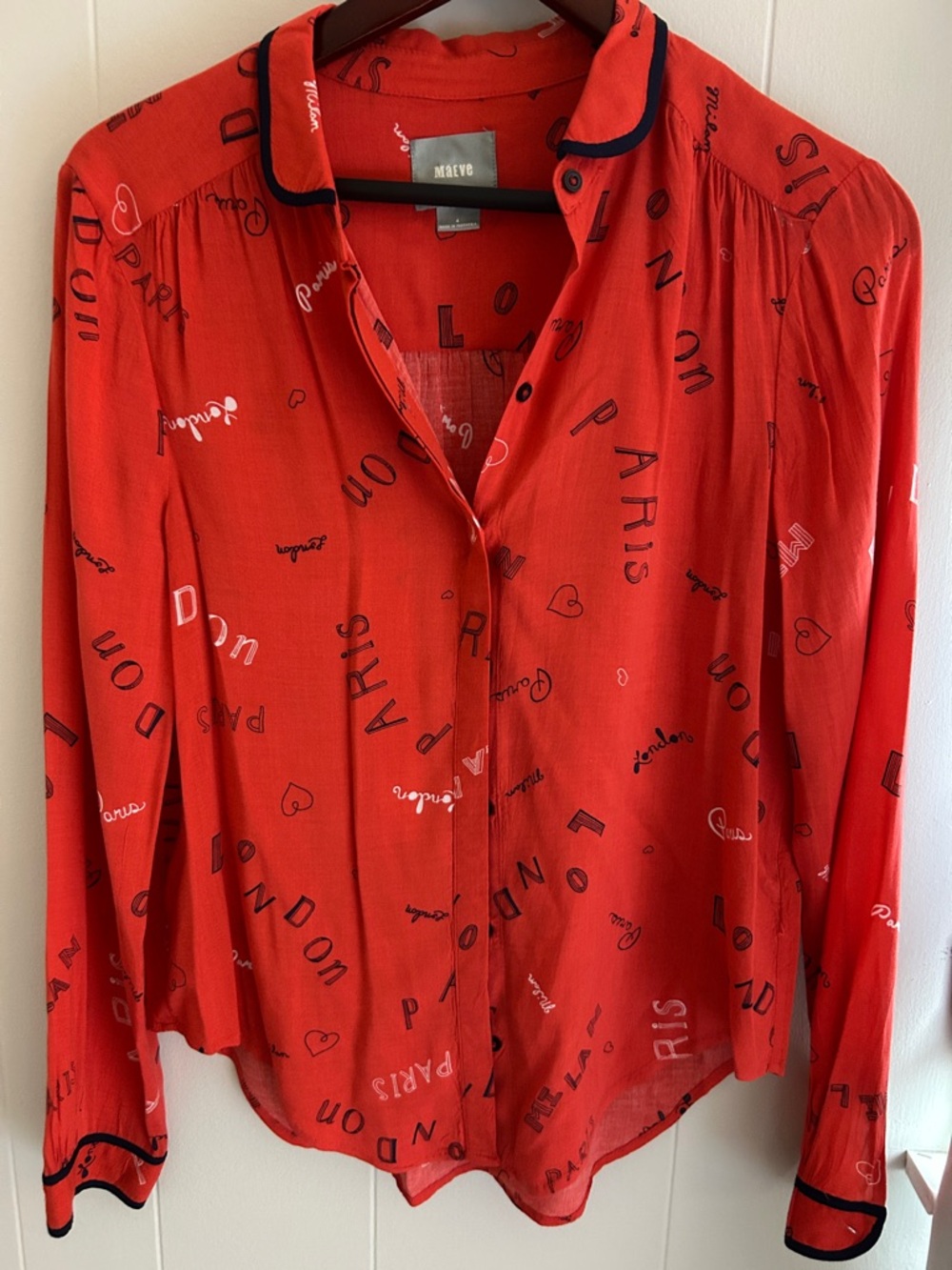 Maeve Red Script-Print Button-Up Blouse - Picture 6 of 6